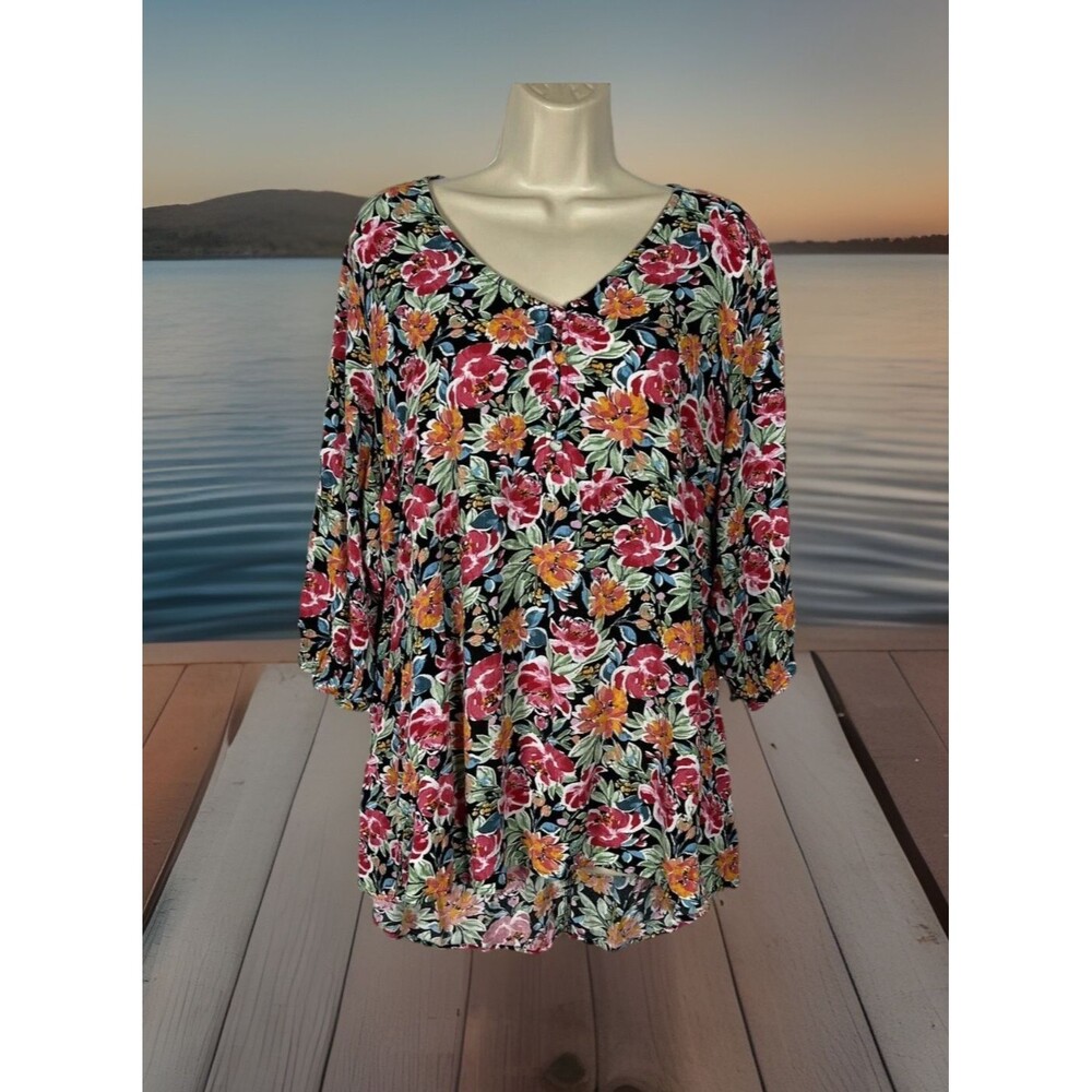 Torrid Multi Floral Crinkle Gauze V-Neck Hi-Low Tunic Tie Back Size 1 (1X 14/16)